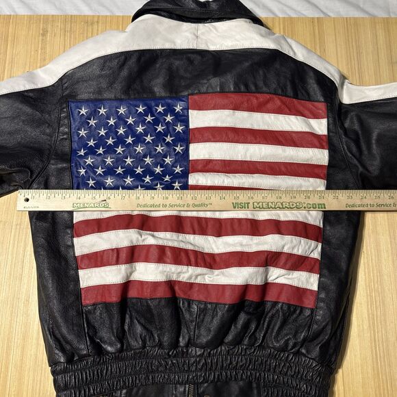 USA Flag Leather Bomber Jacket Men’s Medium USA Down The Sleeves Vintage Biker - Picture 10 of 16